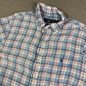 Ralph Lauren Shirt Mens M Multicolor Plaid 100% Linen Short Sleeve Button Down
